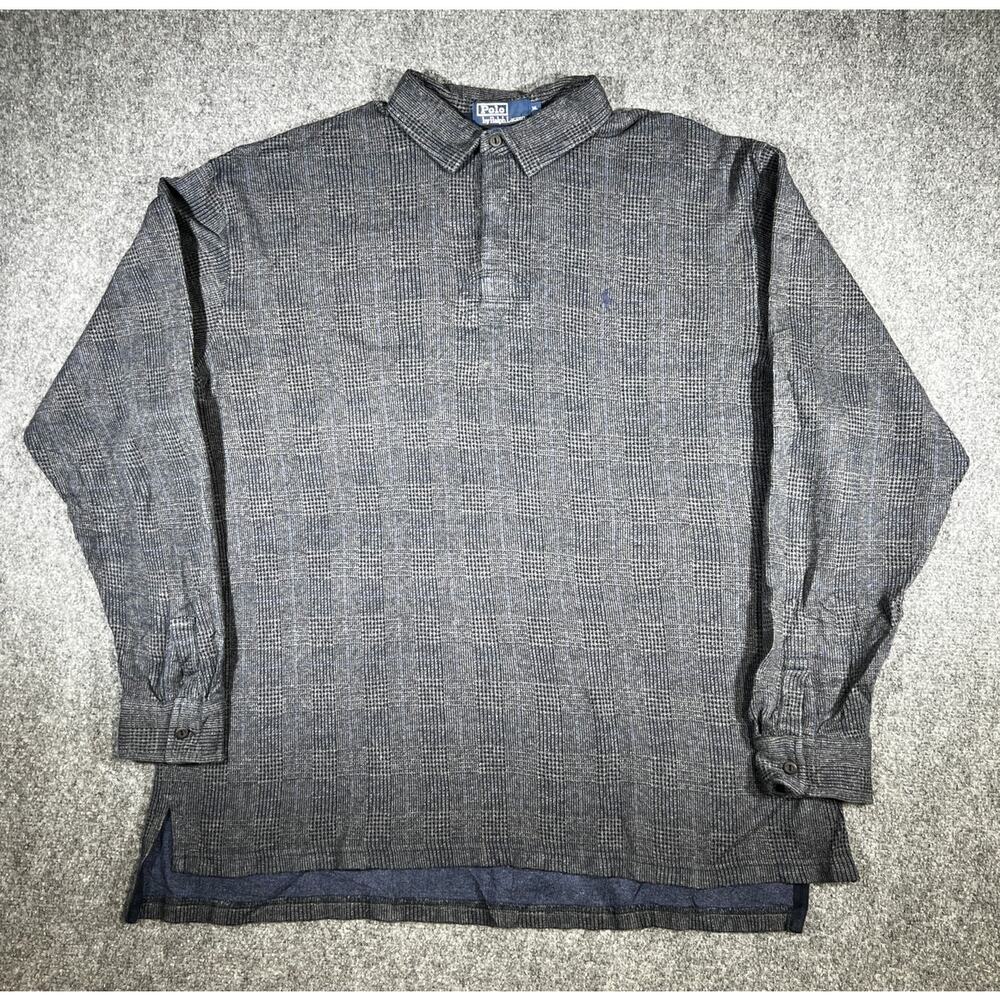 Y2K Polo Ralph Lauren Long Sleeve Knit Polo XL Grey Plaid Textured